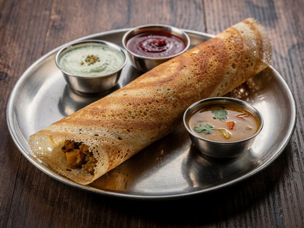 Masala dosa with chutneys (illustrative)